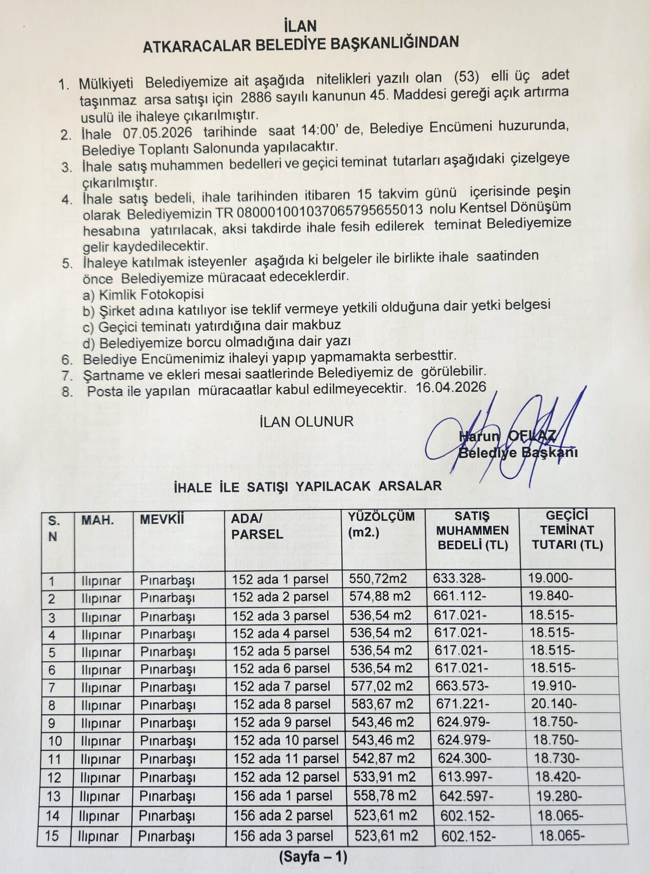 Atkaracalar Belediyesi’nden İki Kat İmarlı Arsalar (2)