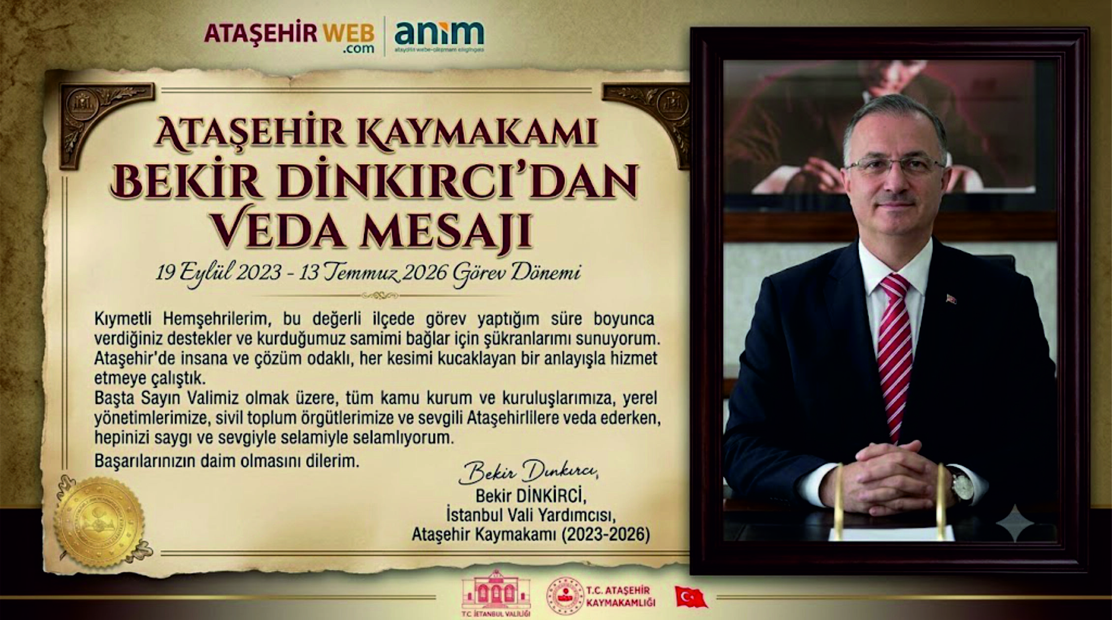 Ataşehir Kaymakamı Bekir Dınkırcı’dan Veda Mesajı