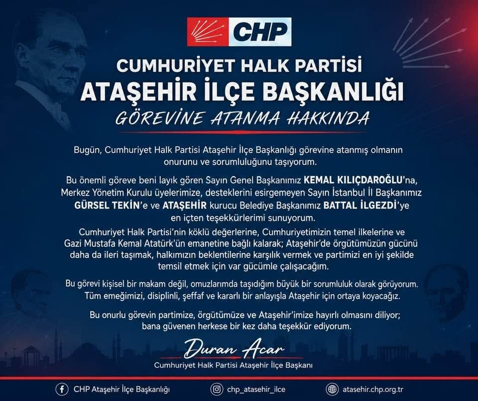 Chp’ni̇n Yeni̇ Ataşehi̇r İlçe Başkani Duran Acar Oldu