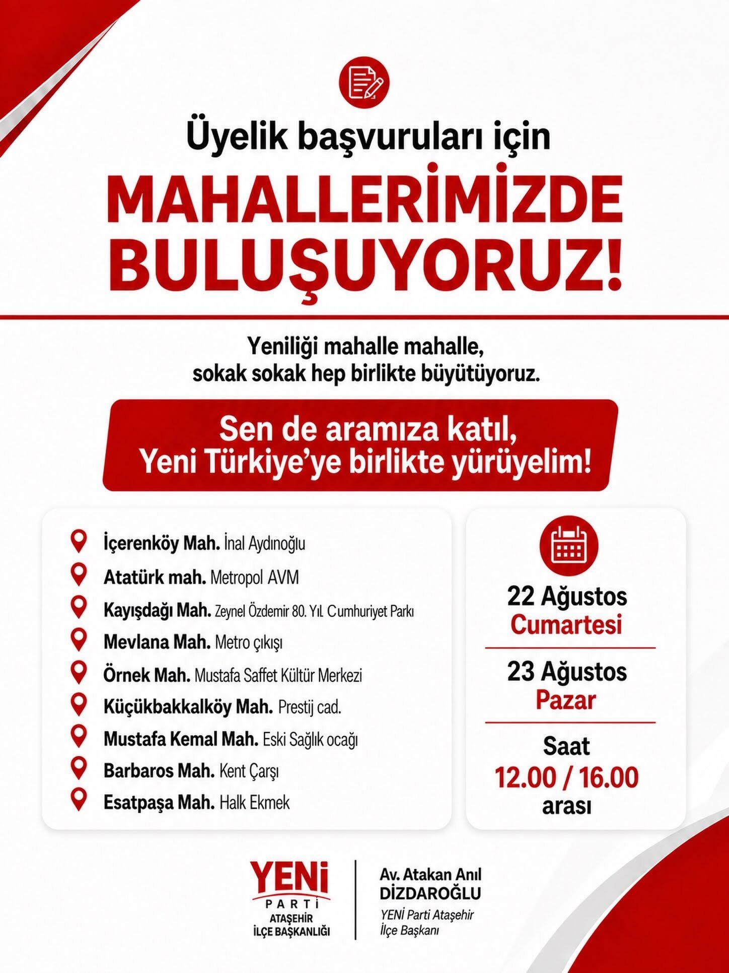 Yeni Parti Ataşehir’de Sahaya İniyor 9 Mahallede Üye Kayıt Stantları Kuruluyor!-1