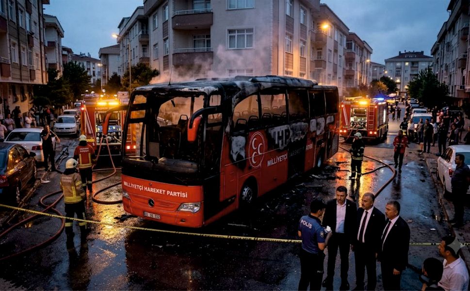 Ataşehir’de MHP’nin Seçim Otobüsü Alev Alev Yandı